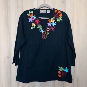 Vintage New Directions Womens Embroidered Blouse Size L Black Floral Boho Artsy
